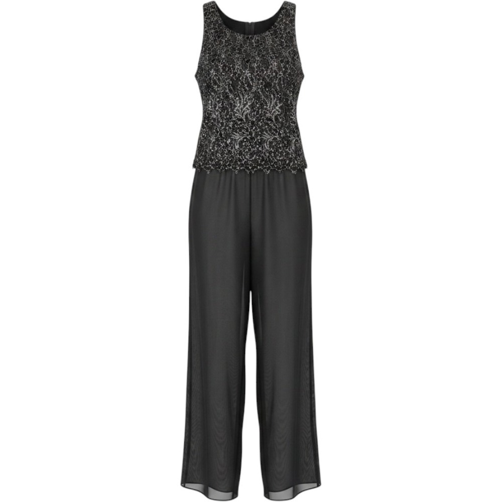Carmen Marc Valvo 12 Silk Sequin Lace Top Wide Leg Pant Set Evening Glam Elegant